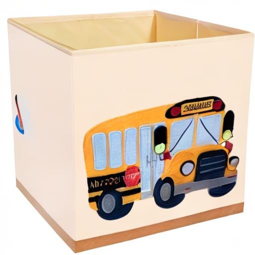 Washable Cube Storage Organizer Bins, Foldable Canvas Toy Organizers and Storage for Toys, Books, Clothes- Kids Storage Bins for Bedroom or Playroom -13x13x13 Inch (School Bus)