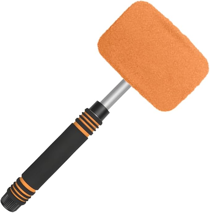 HZEL Car Windshield Cleaner Tool with Extendable Handle, Vehicle Glass Wiper Window Cleaning Tool with 2 Reusable Microfiber Pad, Auto Windscreen Detailing Cleaner Kit, Universal Fit (Square Orange)