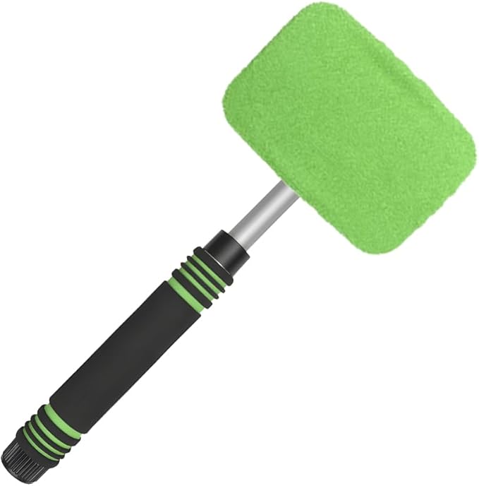 HZEL Car Windshield Cleaner Tool with Extendable Handle, Vehicle Glass Wiper Window Cleaning Tool with 2 Reusable Microfiber Pad, Auto Windscreen Detailing Cleaner Kit, Universal Fit (Square Green)