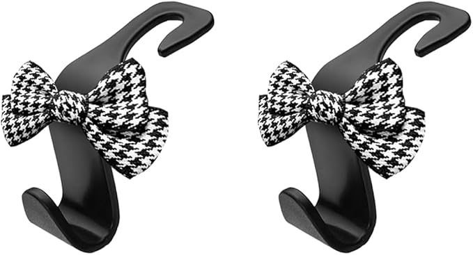 2PCS Car Seat Headrest Hooks, Cute Bow Vehicle Backseat Storage Hanger for Handbag Umbrella Coat, Auto Seat Back Hook Holder Organizer Decor, Universal for Vehicles (Small Black Houndstooth)