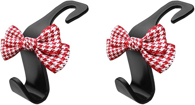 2PCS Car Seat Headrest Hooks, Cute Bow Vehicle Backseat Storage Hanger for Handbag Umbrella Coat, Auto Seat Back Hook Holder Organizer Decor, Universal for Vehicles (Small Red Houndstooth)