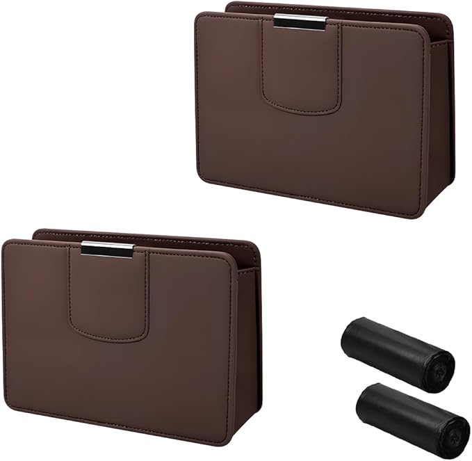 Car Trash Can, Leather Auto Garbage Bin, Magnetic Litter Storage Container, Mini Portable Foldable Vehicle Interior Hanging Dustbin Accessories, Universal for SUV, Truck, RV(Brown)