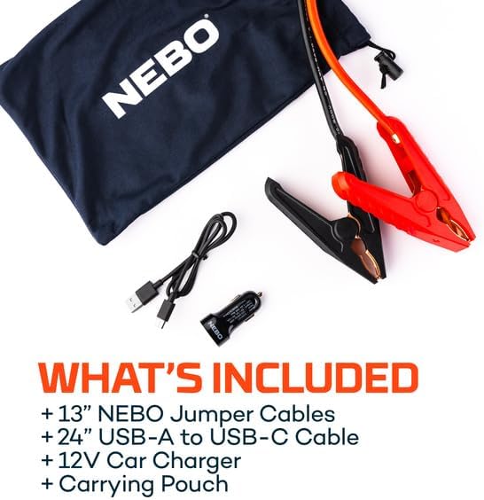NEBO Assist 2000XP Jump Starter | 2000 Amps, 55.5Wh Power Supply, Multi-Device Charging, and Integrated Floodlight, USB Compatible, Portable Battery, Automotive, Emergency, Smark-Proof Safety
