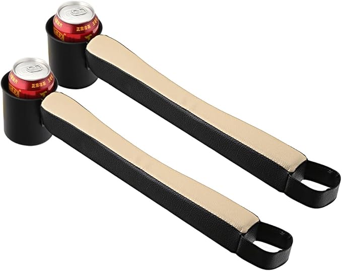 Tumecos Car Seat Gap Filler Pad PU Leather Console Side Pocket Organizer with One Cup Holder for Cellphone Wallet Coin Key 2 Pcs (Black+Beige Surface)