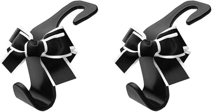 2PCS Car Seat Headrest Hooks, Cute Bow Vehicle Backseat Storage Hanger for Handbag Umbrella Coat, Automotive Seat Back Hook Holder Organizer Decor, Universal for Vehicles (Black/White)