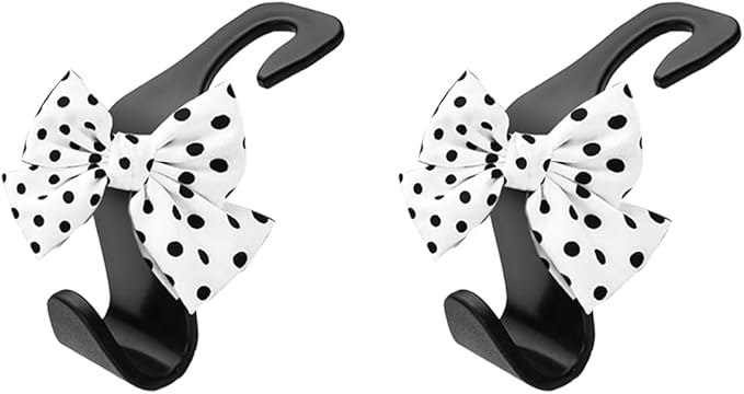 2PCS Car Seat Headrest Hooks, Cute Bow Vehicle Backseat Storage Hanger for Handbag Umbrella Coat, Automotive Seat Back Hook Holder Organizer Decor, Universal for Vehicles (White Polka Dots)