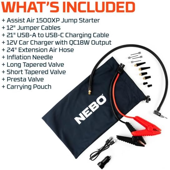 NEBO Assist Air 1500XP Jump Starter and Air Compressor | 44.4Wh Power Supply Box Restarts 12V Battery Vehicles, 150 PSI Air Compressor Inflates Tires, Integrated Floodlight, USB Ports, TSA Approved