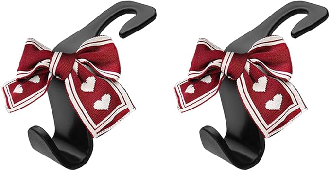 2PCS Car Seat Headrest Hooks, Cute Bow Vehicle Backseat Storage Hanger for Handbag Umbrella Coat, Automotive Seat Back Hook Holder Organizer Decor, Universal for Vehicles (Red/Beige)