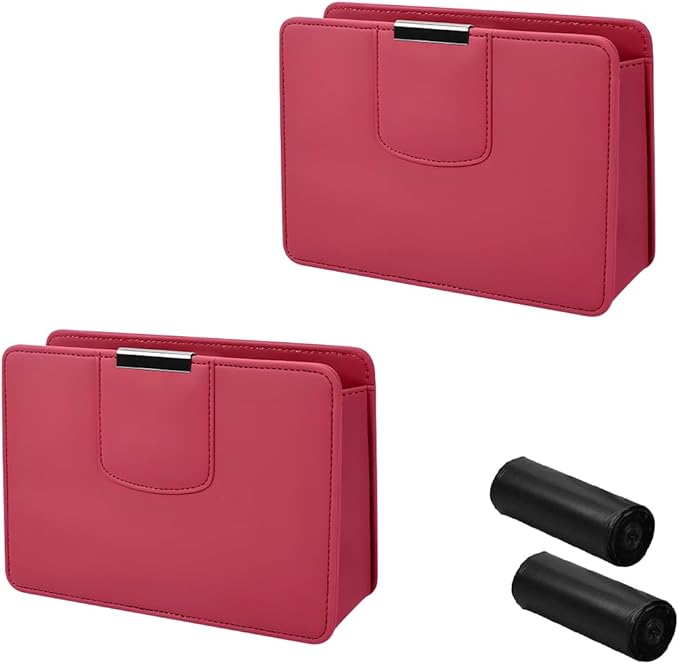 Car Trash Can, Leather Auto Garbage Bin, Magnetic Litter Storage Container, Mini Portable Foldable Vehicle Interior Hanging Dustbin Accessories, Universal for SUV, Truck, RV(Wine Red)