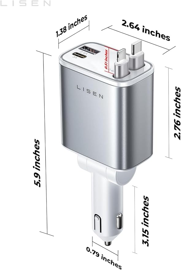 LISEN White Retractable Car Charger, for Gifts for Him Her, for iPhone 17, Cute 4 in 1 Retractable USB C Car Charger for Women, 75W Fast Charging Car Accessories for iPhone & Samsung S26 & Android