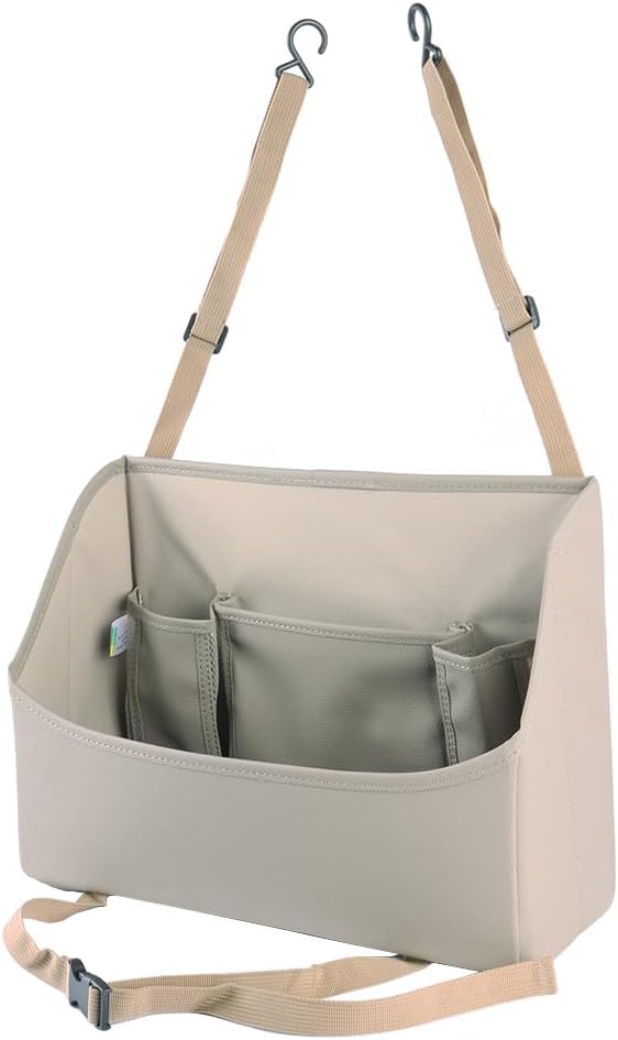 Car Handbag Purse Holder Between Seats Leather Car Front Seat Storage Bag Large Capacity Car Organizers for Book Document Phone Bottle Tissue Toy (Beige Style-1)