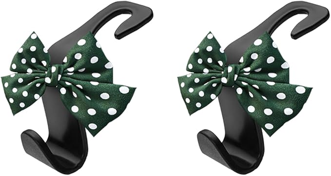 2PCS Car Seat Headrest Hooks, Cute Bow Vehicle Backseat Storage Hanger for Handbag Umbrella Coat, Automotive Seat Back Hook Holder Organizer Decor, Universal for Vehicles (Green Polka Dots)