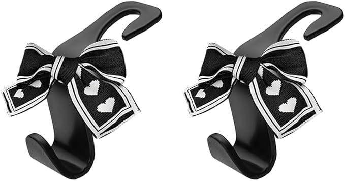 2PCS Car Seat Headrest Hooks, Cute Bow Vehicle Backseat Storage Hanger for Handbag Umbrella Coat, Automotive Seat Back Hook Holder Organizer Decor, Universal for Vehicles (Black/Beige)