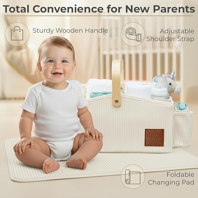 Diaper Caddy Organizer With Portable Changing Mat, LED Night Light, Wooden Handle & Shoulder Strap - Stylish Nursery Basket With Dividers - Newborn Essentials