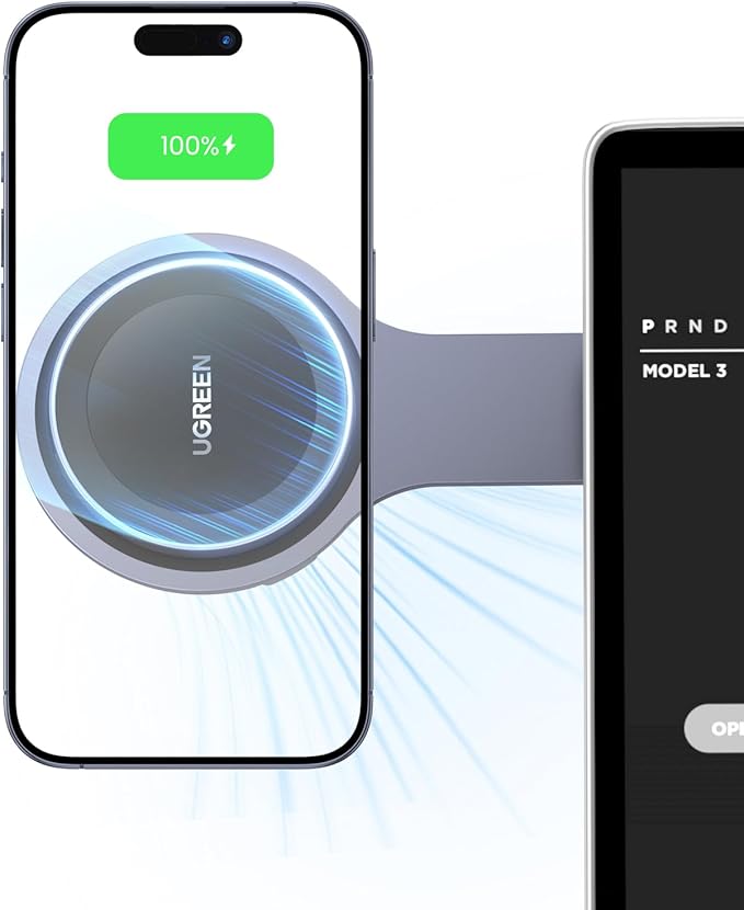 UGREEN Magnetic Wireless Car Charging Phone Mount, Phone Holder Compatible with Tesla Model 3/Y iPhone 17/17 Air/17 Pro/17 Pro Max/16/15/14/13/12 Series