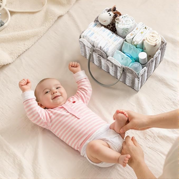 HBlife Baby Diaper Caddy, Paper Rope Storage Baskets Nursery Bin with Removable Divider, Portable Car Organizer for Diapers, Baby Shower Gifts, Newborn Essentials Must Haves