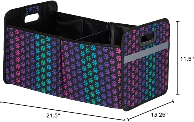 Paws Car Trunk Organizer Foldable Storage Bin with Handles Non Slip Base Pet Gear Travel Tote for SUV Truck (Rainbow Paws)