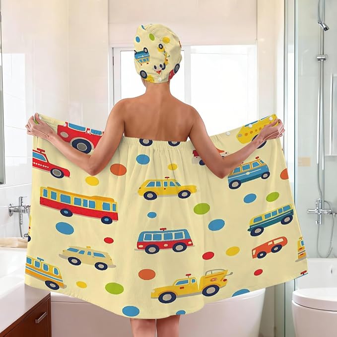Women Bath Wrap Hair Towel Drying Cap Set Colored Cars Bus Polka Dots Soft Absorbent Bathrobe Shower Wraps with Adjustable Closure Spa Bath Robe