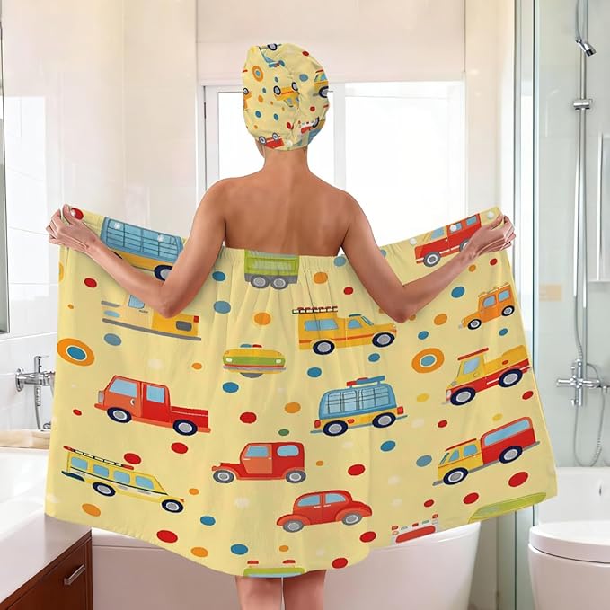 Women Bath Wrap Hair Towel Drying Cap Set Colorful Cars Bus Polka Dots Soft Absorbent Bathrobe Shower Wraps with Adjustable Closure Spa Bath Robe