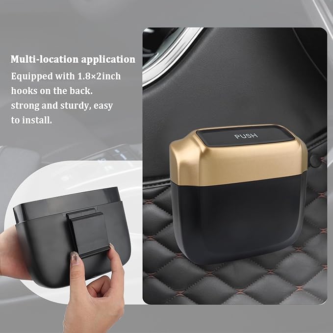 IHOTDER 2PCS Car Trash Can with Lid + 60PCS Garbage Bag,Mini Trash Can Car Interior Accessories,Multifunctional ABS Car Organizers and Storage (Gold)