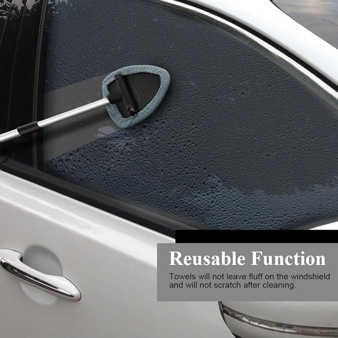 Windshield Cleaning Tool, Car Window Cleaner, Windshield Cleaner with 4 Washable Reusable Microfiber Pads and Extendable Handle, Auto Glass Wiper Cleaning Kit Universal for Car (Gray)