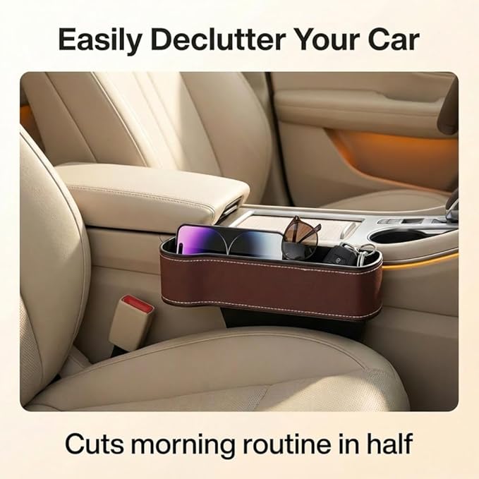 Car Seat Gap Filler Organizer, 2026 New Premium Leather Console Organizer for Holding Phone, Sunglasses, Auto Console Side Storage Box with Cup Holders 2 Seat Hooks for Drink (Beige, Driver's Seat)
