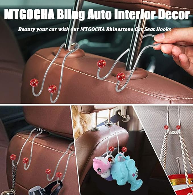 MTGOCHA Bling Purse Hook for Car Headrest, Upgraded Cute Car Seat Hooks for Bag Handbag, Durable Stainless Auto Purse Hanger Holder 2 Pack, Red