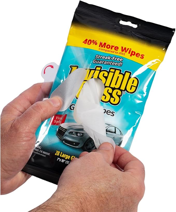 Invisible Glass 90161-2PK Large Glass Cleaning Wipes for Streak-Free Windows, Mirrors, and Glass, Lint-Free, Ammonia-Free, Tint-Safe, for Home and Auto, Flat Pack, 28 Count (Pack of 2)