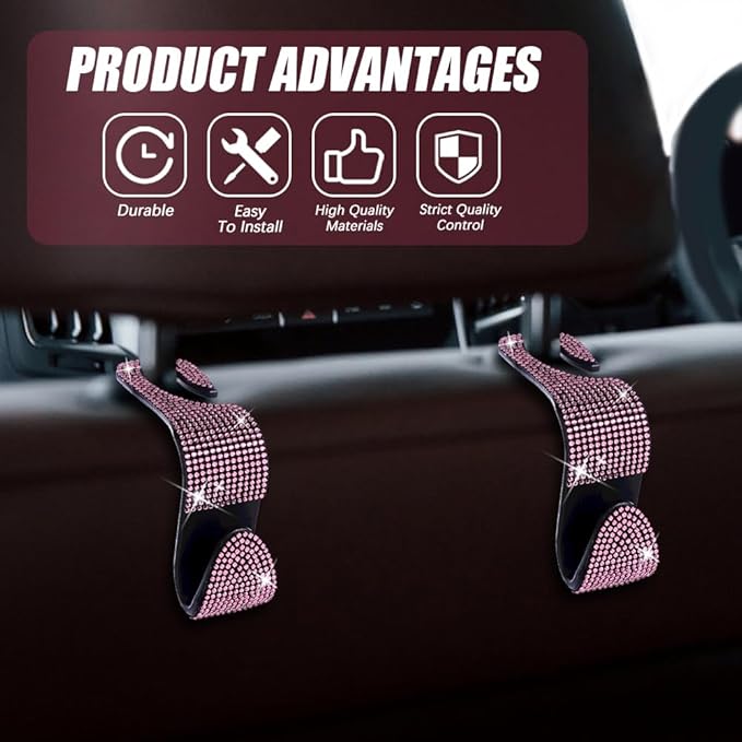 deemars 2 Pack Car Seat Headrest Hook, Bling Car Hooks Front Seat, Back Seat Organizer Hanger Storage Hook Car Purse Hook for Bags, Clothes, Coats, Grocery Bags (Pink)