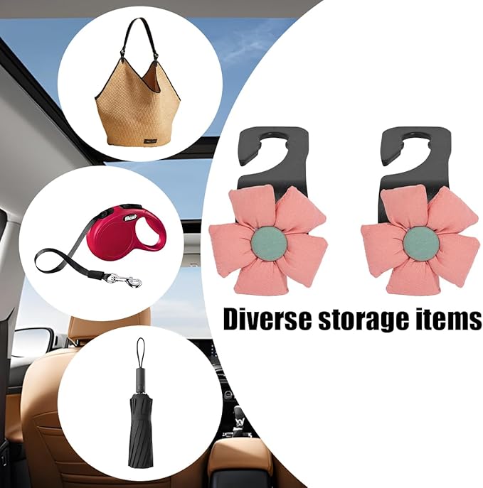 Car Seat Headrest Hooks, 2PCS Cute Flower Vehicle Seat Back Organizer Holder for Purses Bags Grocery, Automotive Interior Storage Hanger Decoration Accessories, Universal Fit (Black/Pink)