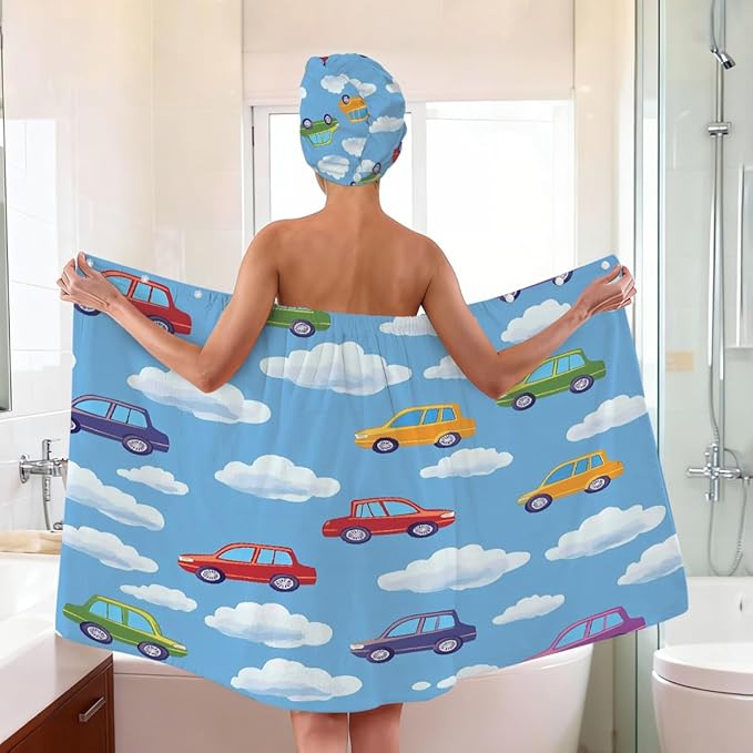 Women Bath Wrap Hair Towel Drying Cap Set Colored Cars Clauds Soft Absorbent Bathrobe Shower Wraps with Adjustable Closure Spa Bath Robe