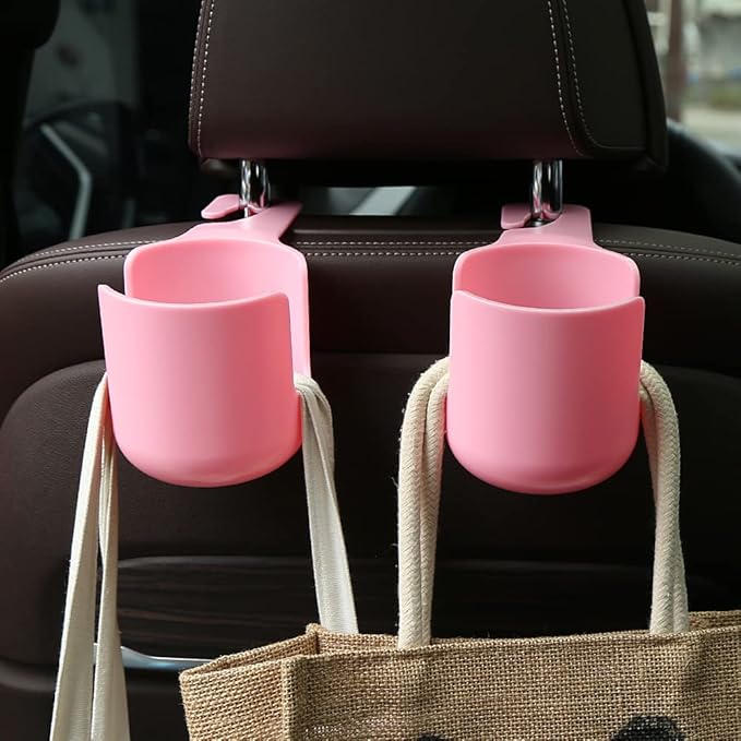 Car Seat Headrest Hook Organizer with Cup Holder - Universal Vehicle Storage Hanger for Handbags, Groceries, Backseat Organizer, Car Accessories Fit All Cars (Pink)