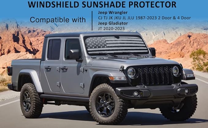 Litivy Windshield Sun Shade Compatible with Jeep Wrangler JK JKU JL JLU 1997-2023 & Jeep Gladiator JT 2020-2023 16.5"x52.5" Folding Front Window Sun Shade for Car Accessories (American Flag)