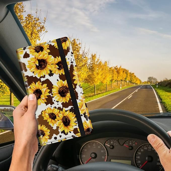 Car Registration and Insurance Card Holder, Vehicle License Documents Glove Box Compartment Organizer Wallet, ID Card Holder for Car Essentials Automobile, Leopard Sunflower Western