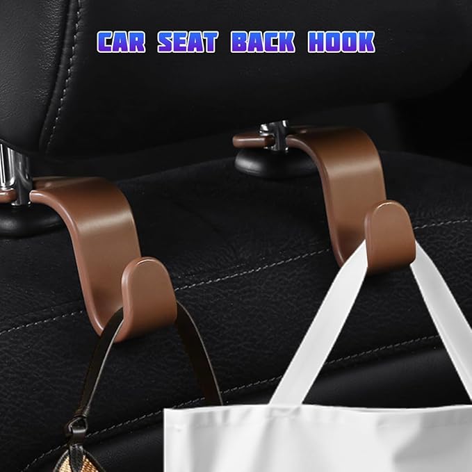 Car Seat Headrest Hooks, Multifunctional 4PCS Vehicle Back Seat Storage Hanger Holder for Hangbag Coat Grocery, Auto Interior Headrest Hook Organizer, Universal for Vehicles (Brown)