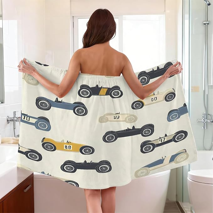 Women's Bath Wrap Vintage Race Cars Print Absorbent Shower Spa Body Bath Robe Wraps Bathrobe Towel with Adjustable Closure