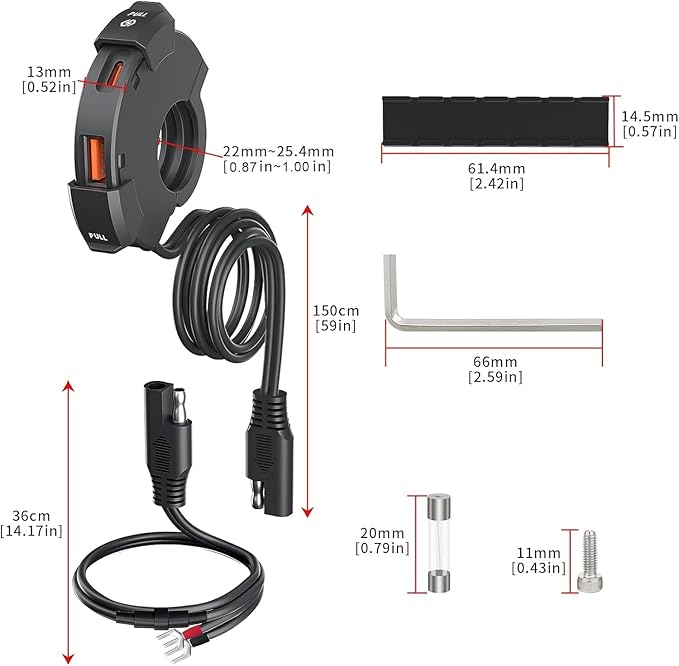 Motorcycle Phone Charger 30W PD Type-C 18W USB Quick Charger Ultra-Narrow SAE to USB Adapter IP65 Waterproof Motorcycle Accessories for Phones/Tablets