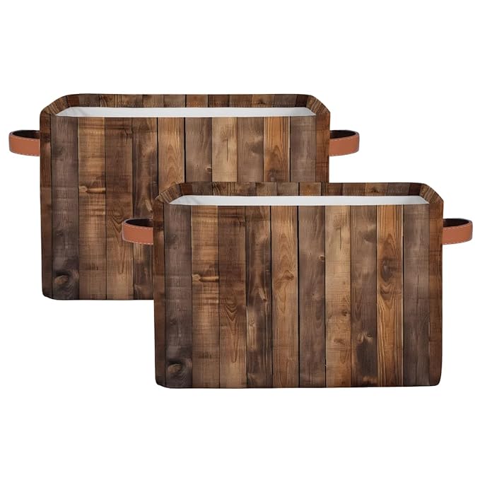 Rustic Wooden Board Storage Baskets for Organizing, Fabric Collapsible Storage Bins Box Retro Decorative Toy Organizer Baskets for Closet Shelves Gift Basket 2Pcs