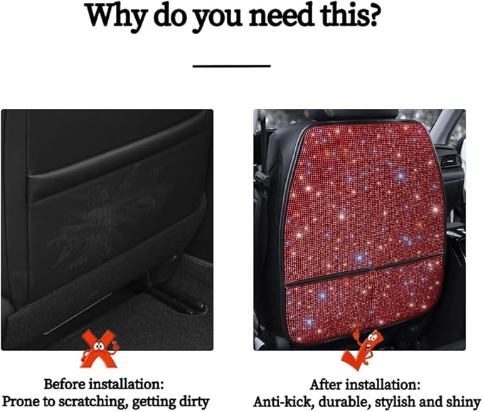 Luxury Bling Car Seat Back Protectors with Pockets – Sparkling Rhinestone Kick Mats, Universal Fit PU Leather Back Seat Covers for SUV Leather Seats, Diamond Protectors for Girls Red 2pcs