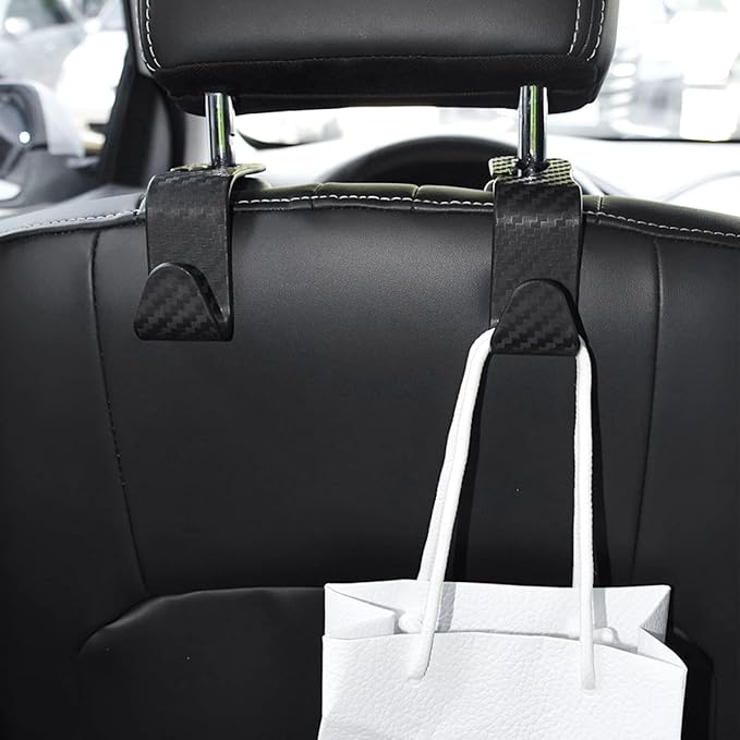 Hanemia Car Back Seat Headrest Hooks, 4 Pack Carbon Fiber Stylish Back Seat Hanger for Car Handbag Clothes Coats Grocery Bags, Car Interior Accessories (Carbon Fibre/Black)