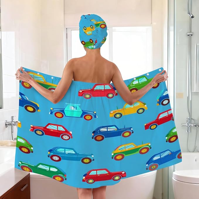 Women Bath Wrap Hair Towel Drying Cap Set Cartoon Car Pattern Soft Absorbent Bathrobe Shower Wraps with Adjustable Closure Spa Bath Robe