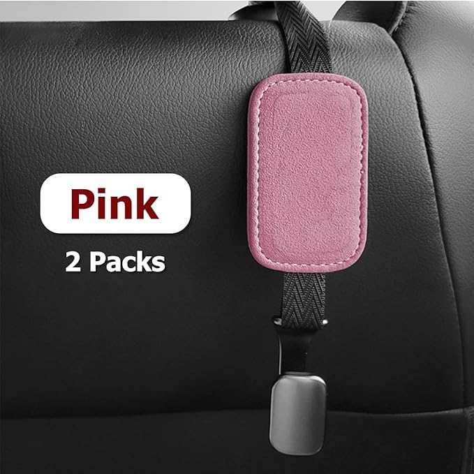 AUCELI Car Seat Headrest Suede Hook, 2 Pack Auto Seat Back Hooks, Suede Storage Organizer with Metal Hanger, Vehicle Backseat Hangers, Creative Interior Accessories for Hanging Grocery Purse (Pink)