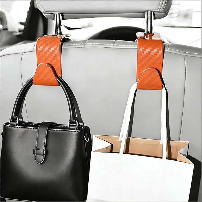 4PCS Car Seat Headrest Hook, Automotive Back Seat Storage Holder Hanger, Vehicle Interior Backseat Organizer Hanging Hook for Purse Handbag Grocery Bags, Universal Fit (Orange)