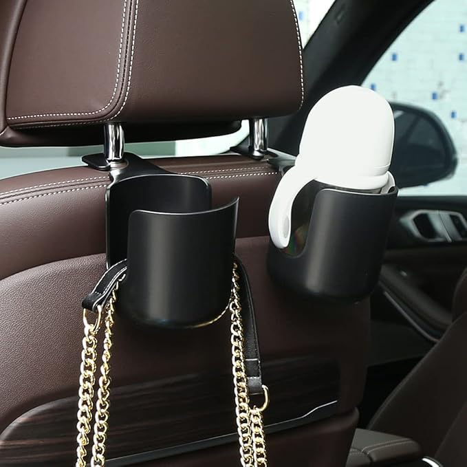 Car Seat Headrest Hook Organizer with Cup Holder - Universal Vehicle Storage Hanger for Handbags, Groceries, Backseat Organizer, Car Accessories Fit All Cars(Black)
