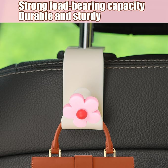 4 PCS Car Headrest Hook, Multifunctional Flower Vehicle Seat Back Storage Hook, Cute Automotive Seatback Organizer Hanger for Purse Grocery Bag Handbag, Universal Fit (Black/Pink)