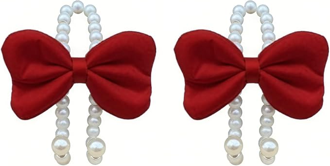2 PCS Elegant Pearl Car Seat Headrest Hook, Cute Car Seat Hook Hanger Storage Organizer for Handbag Purse, Interior Decoration Headrest Hanger for Women (2PCS Red Bow)