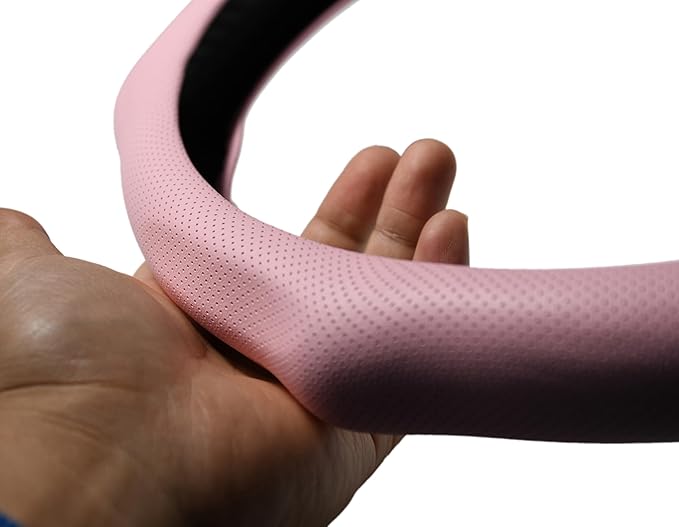 Quick Install Sporty Perforated Pink Nappa Leather Steering Wheel Cover Universal fit 14½" to 15" Car SUV Pickup 14.5 to 15 inche Pink for Wife