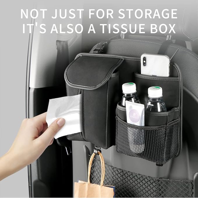 JEYODA Car Seat Back Organizer Large Capacity Car Seat Back Storage Bag with Hook Suede Car Tissue Box (Blue)