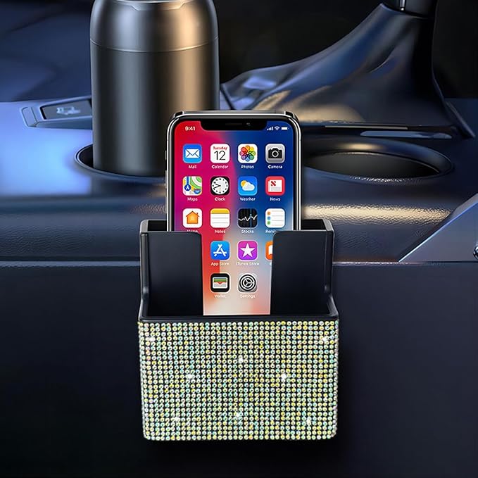 Bling Car Seat Side Organizer, Crystal Rhinestone Vehicle Storage Bag Holder for Pen Phone Document, Diamond Sparkling Automotive Organization Box Accessories, Universal Fit (White)
