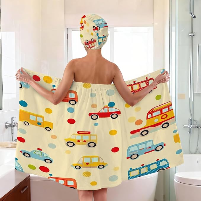 Women Bath Wrap Hair Towel Drying Cap Set Colored Cars Bus Polka Dot Soft Absorbent Bathrobe Shower Wraps with Adjustable Closure Spa Bath Robe